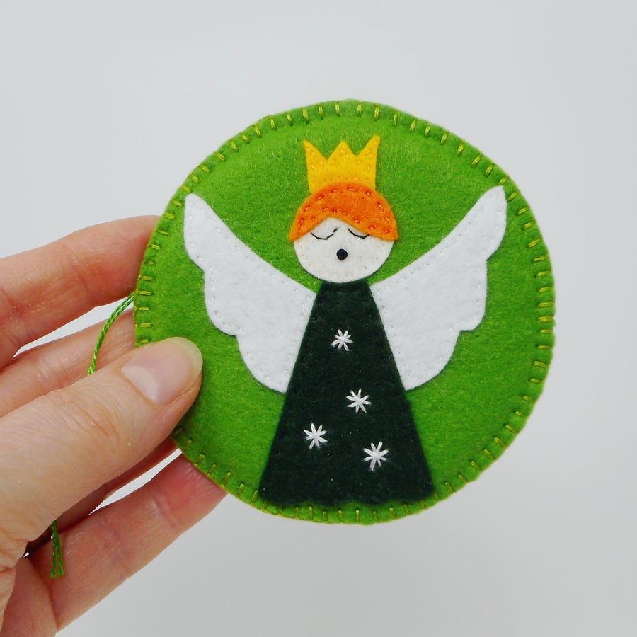 Hand sewn Guardian Angel hanging decoration in green