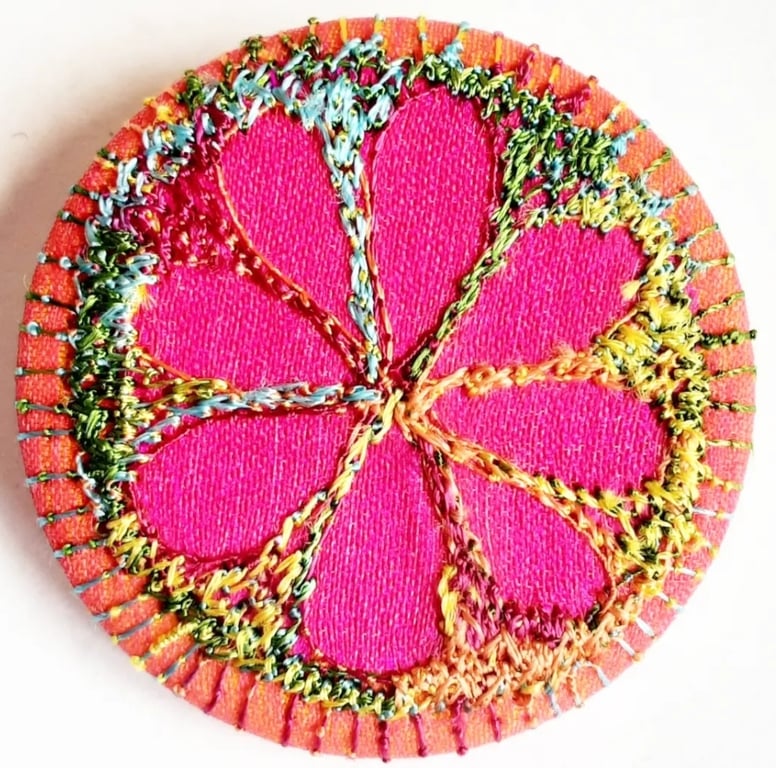 38mm Badge Hand Dyed Fabric Floral badge with Free Machine Embroidery 