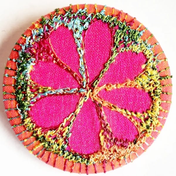 38mm Badge Hand Dyed Fabric Floral badge with Free Machine Embroidery 