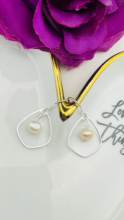 Cream Freshwater Pearl  & Sterling Silver Petal Charm Earrings