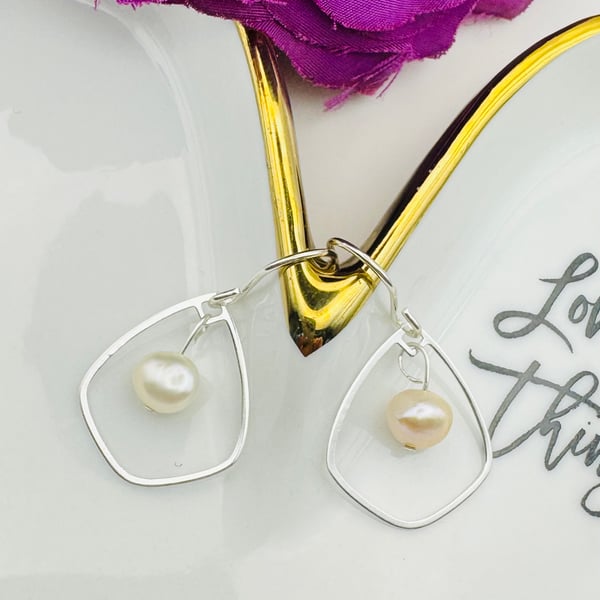 Cream Freshwater Pearl  & Sterling Silver Petal Charm Earrings