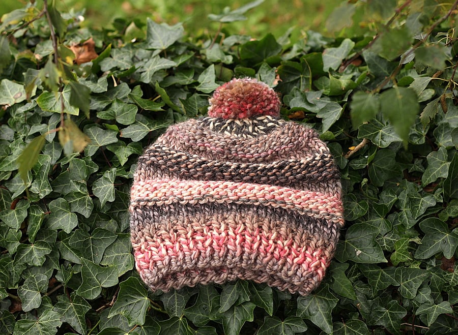 Knitted beanie bobble hat, super chunky cap winter autumn pink grey cream, woman