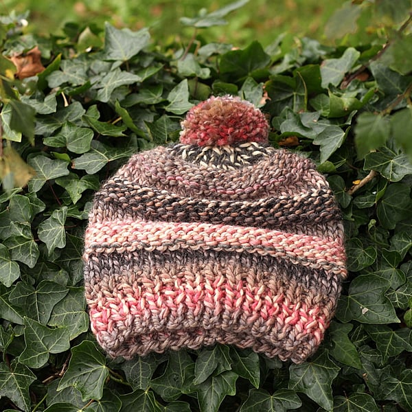 Knitted beanie bobble hat, super chunky cap winter autumn pink grey cream, woman