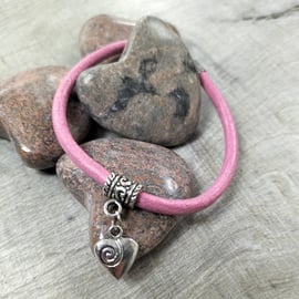 Pink Leather bracelet  heart