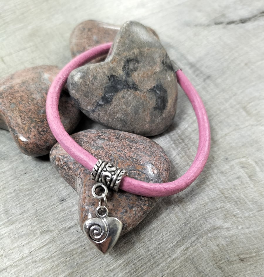 Pink Leather bracelet  heart
