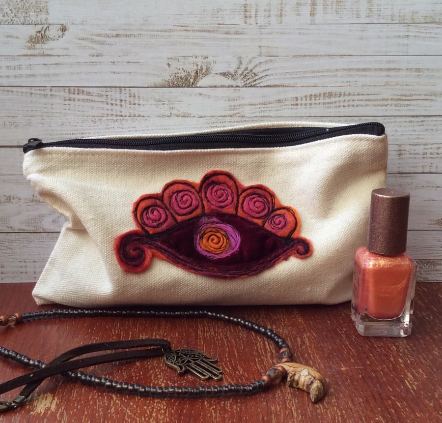 Embroidered zipped canvas make up bag, pencil case or jewellery bag.