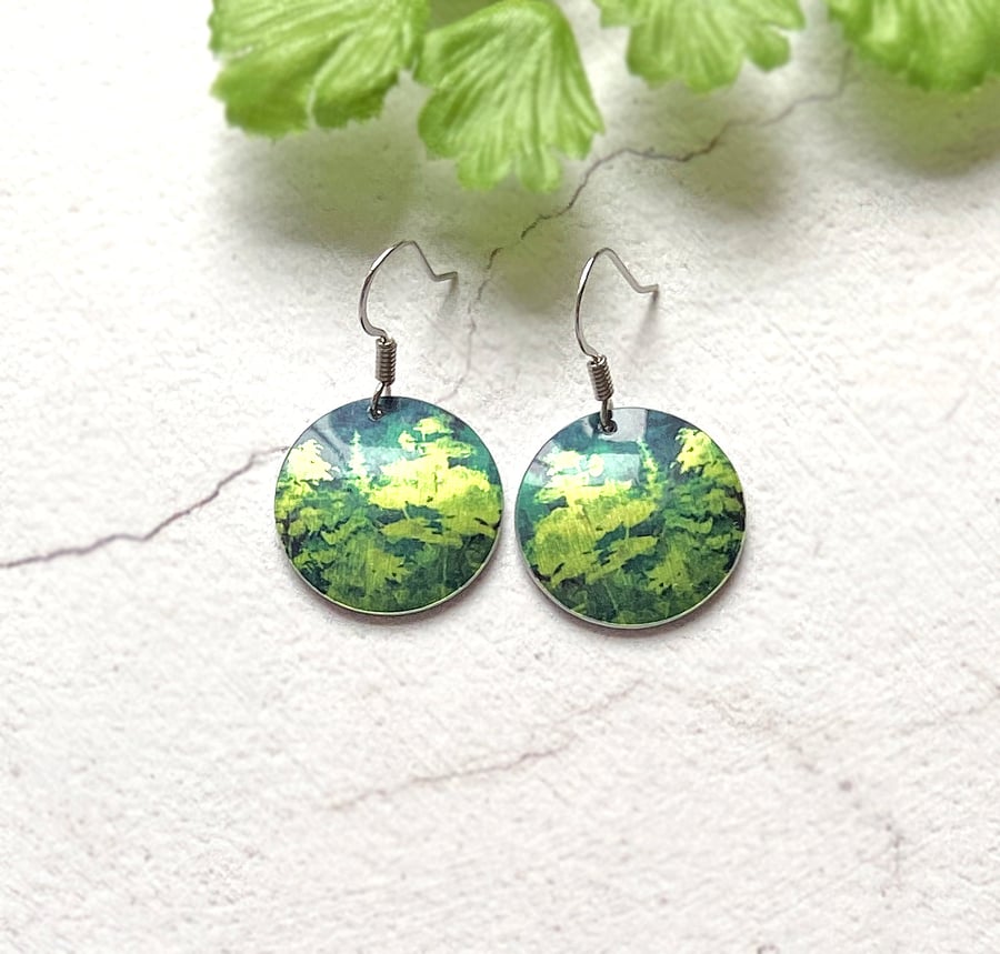 Trees drop earrings, woodland, forest discs on sterling silver ear wires (782)