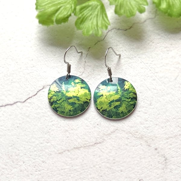 Trees drop earrings, woodland, forest discs on sterling silver ear wires (782)