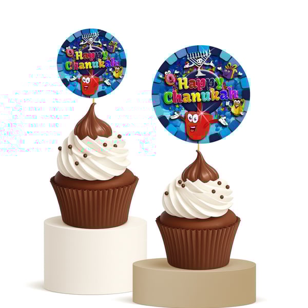 15 Pcs Happy Chanukah Cupcake Toppers Colourful Dreidel Design 
