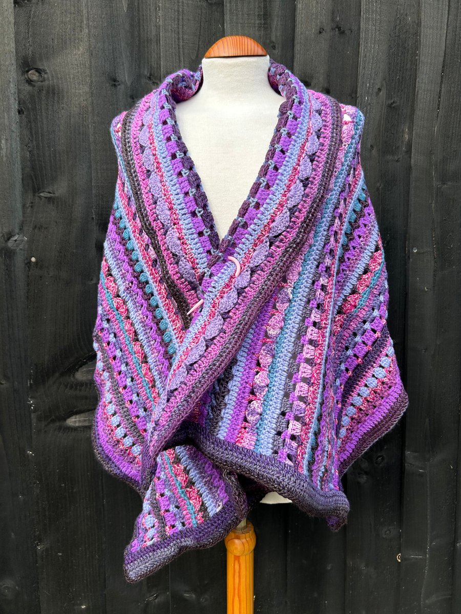 Purple Striped Wool Handmade Rectangular Lace Shawl Wrap Oversized Scarf