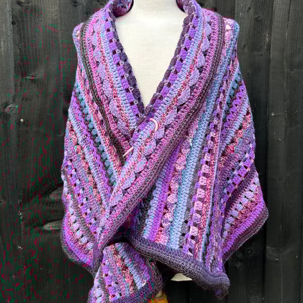 Purple Striped Wool Handmade Rectangular Lace Shawl Wrap Oversized Scarf