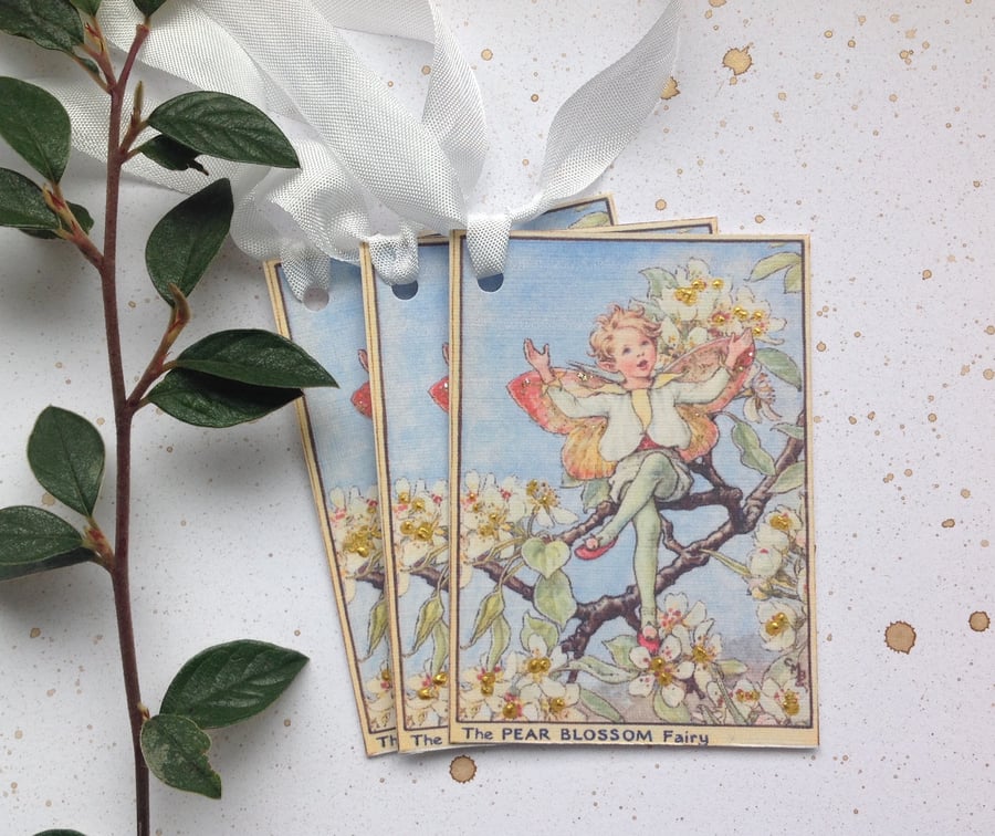 GIFT TAGS ( set of 3 ) vintage style .Flower Fairies 'Pear Blossom '