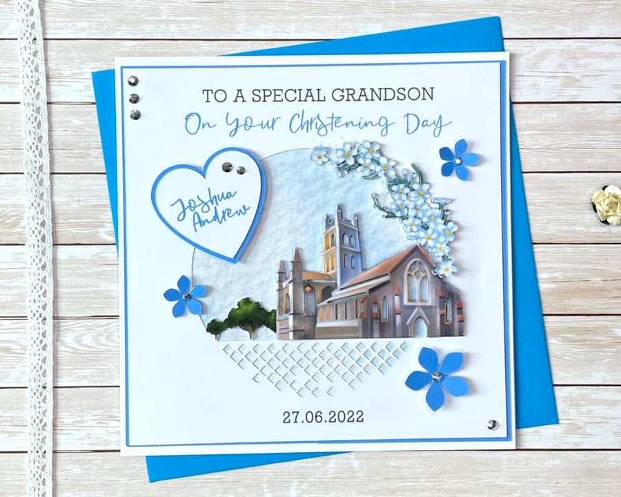 Christening Baptism Card Personalised Blue Church Grandson Godson Son Nephew Boy