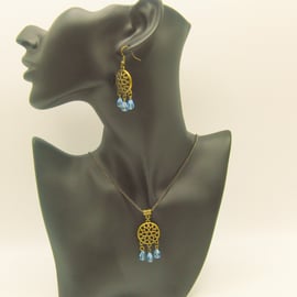 Round Bronze Plated Dream Catcher Chandelier Jewellery Set with Blue Crystals