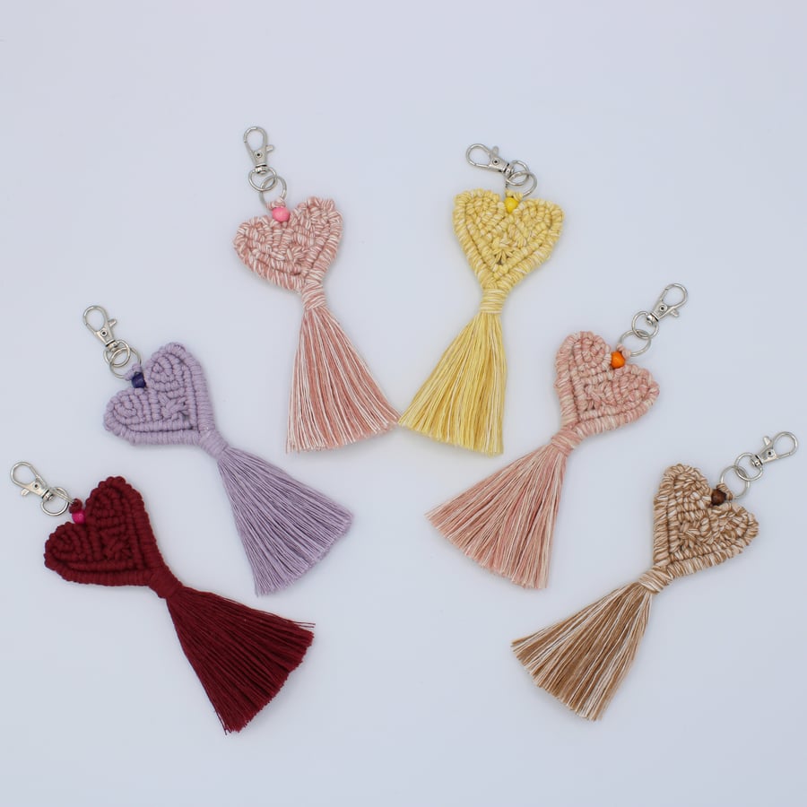 macrame heart keyring, heart bag accessory