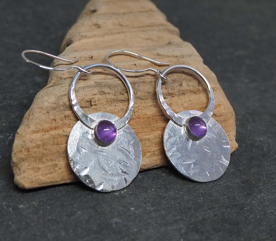 Amethyst hammered silver disc earrings, sterling silver, silver earrings, arc