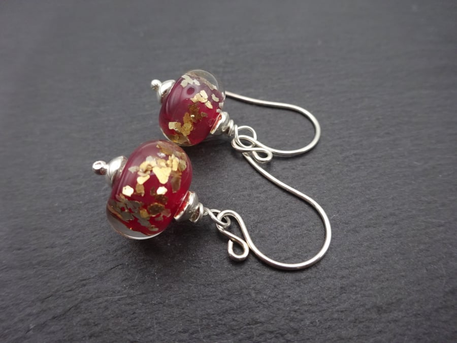 red and gold glitter lampwork glass earrings