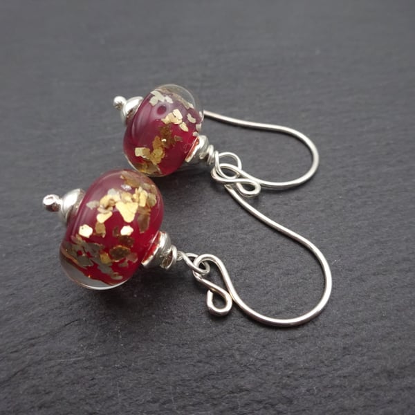 red and gold glitter lampwork glass earrings