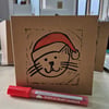 Merry Christmas Lino Printed Cat card 6x6 inches with envelope.