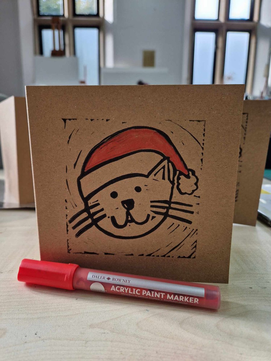 Merry Christmas Lino Printed Cat card 6x6 inches with envelope.