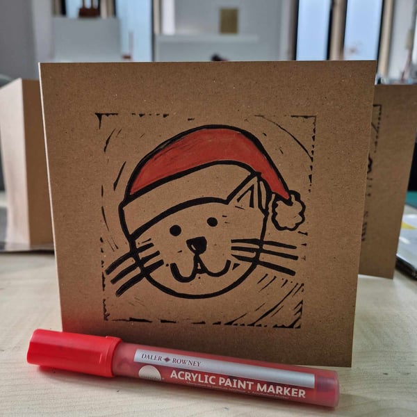 Merry Christmas Lino Printed Cat card 6x6 inches with envelope.