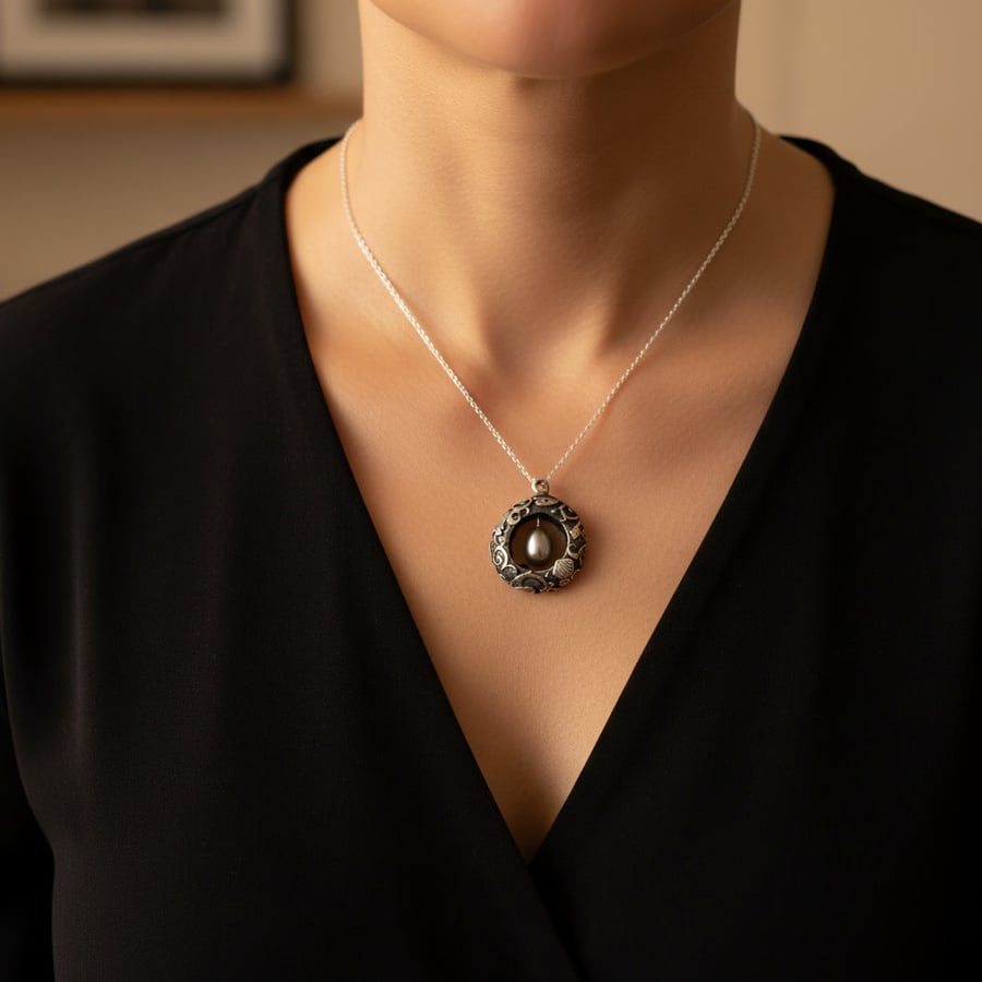 Sea Creatures and Dangling Pearl Silver Pendant