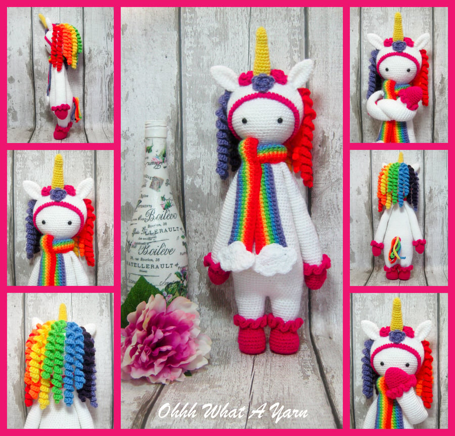 Crochet Rainbow Unicorn Lalylala Doll, soft toy. CE tested. 