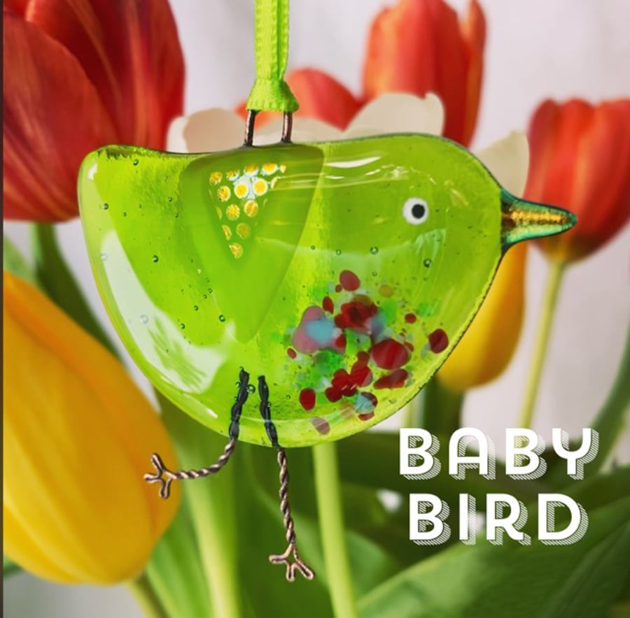BABY Fused Glass Green Bird