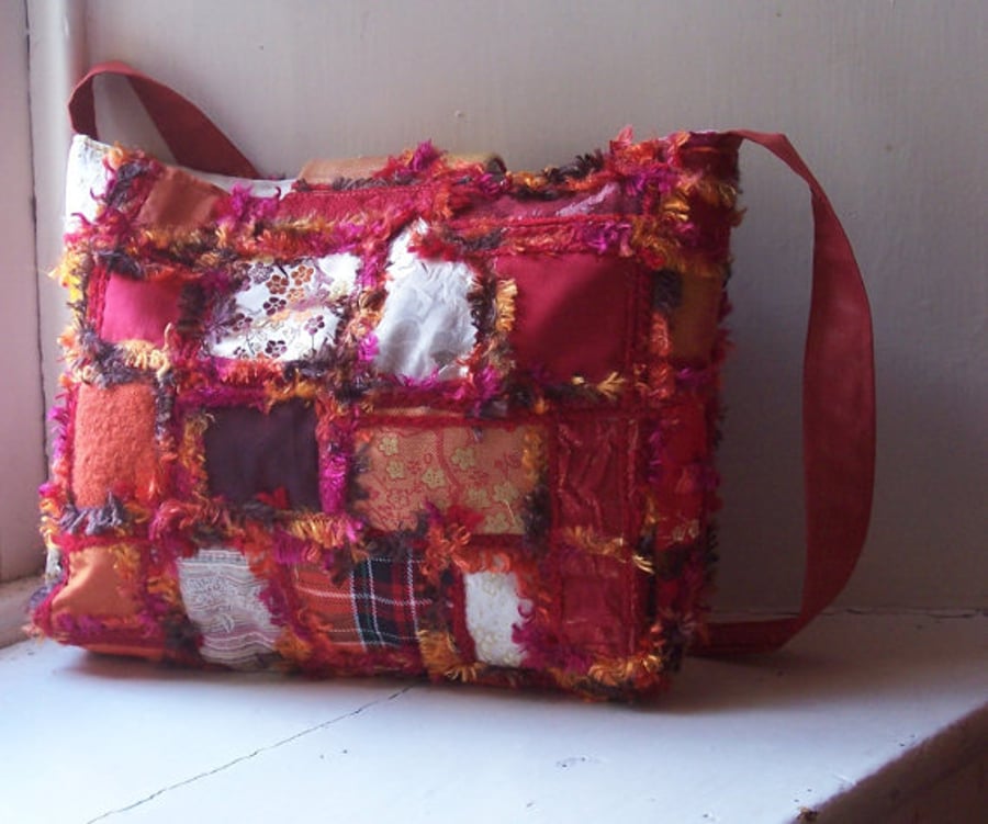 Textile art recycled fabric shoulder bag - VESUVIUS