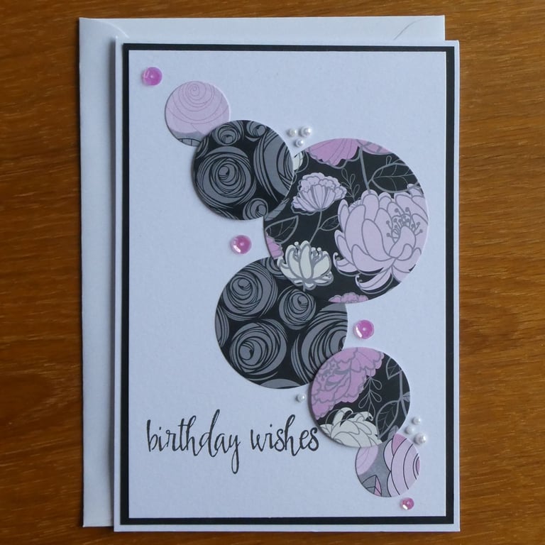 Large Birthday Card - Pink, Black & Grey Floral Circles