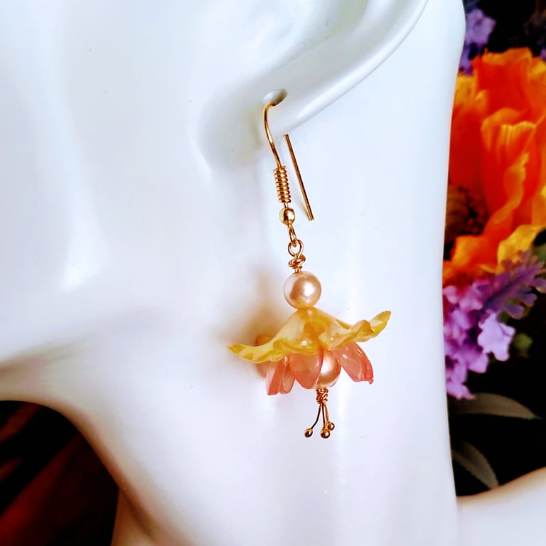 Yellow Fuchsia Flower Drop Earrings