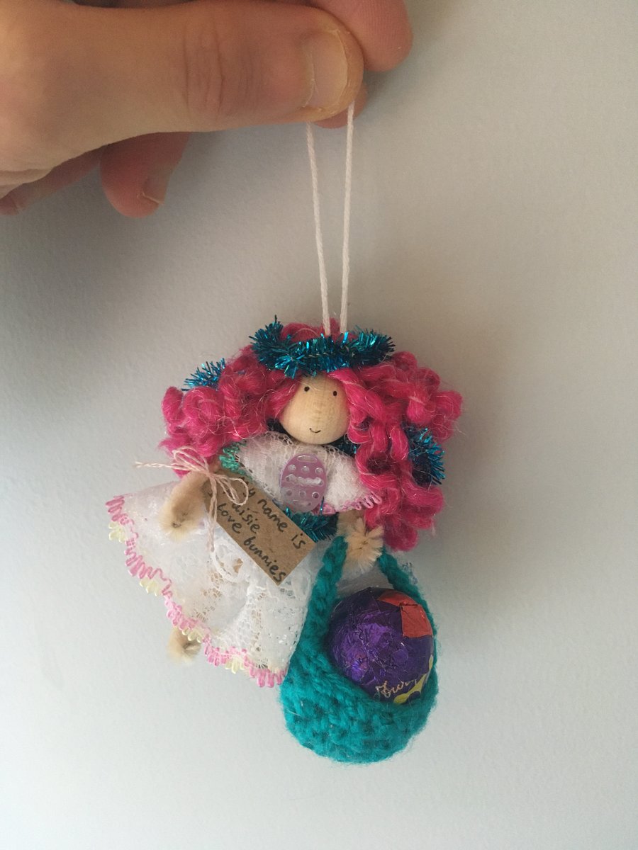 Tiny Easter Fairy Doll Decoration, Pink And Turquoise
