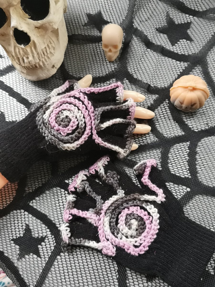Black, Magic  Fingerless Gloves with Pink, White and Grey Spirals.