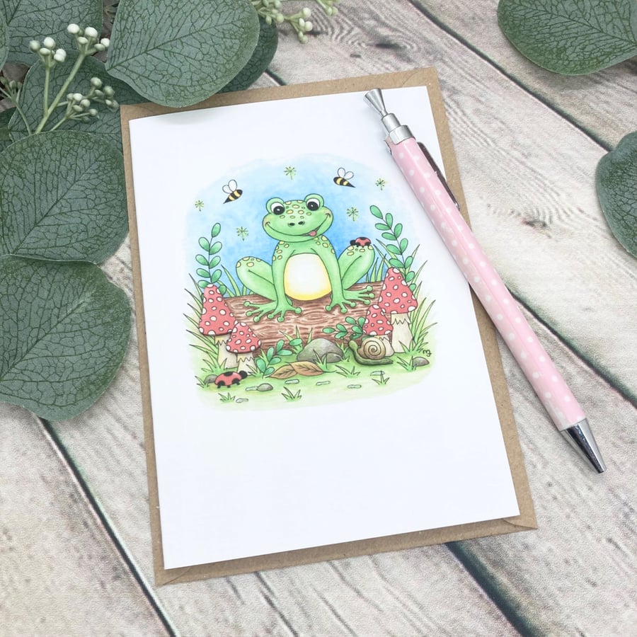 Frog on a log Card - Blank Card - Birthday Card - Any Occasion - Cute Frog