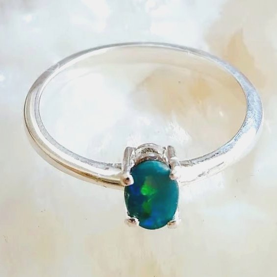 Australian Blue Crystal Opal 925 Sterling Silver Ring Size P-Q, Ring 56.5
