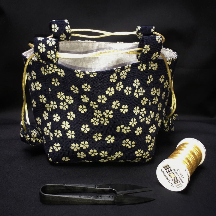 Japanese Cotton and Linen Blossoms Komebukuro Rice Bag, Gift Bag, Makeup Bag