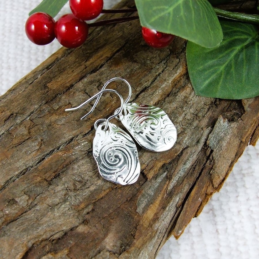 Earrings, Sterling Silver Leaf Pattern Droppers