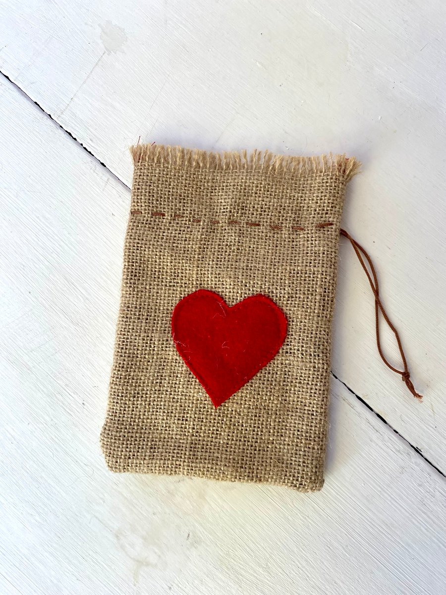 Valentine gift bag, mini hessian sack with heart