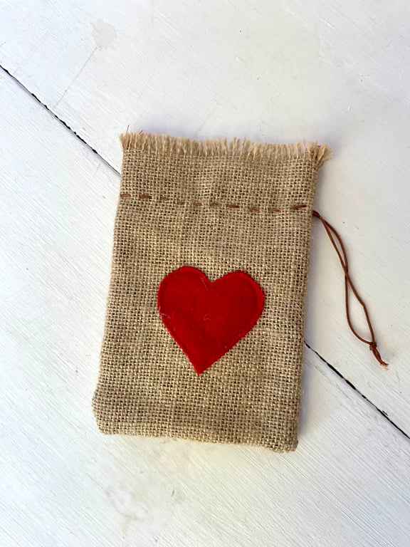 Valentine gift bag, mini hessian sack with heart