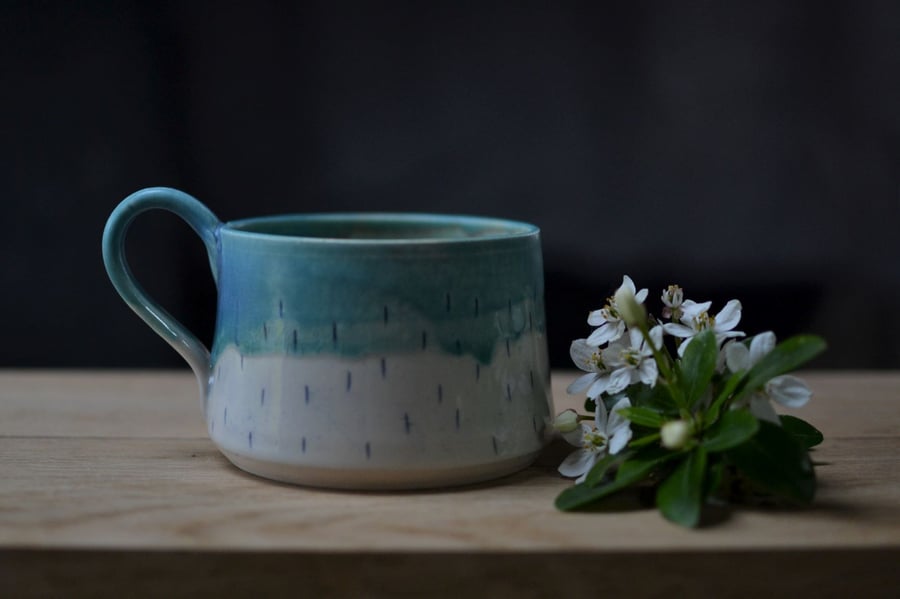 Solstice handmade ceramic cup - Glazed in white and turquoise