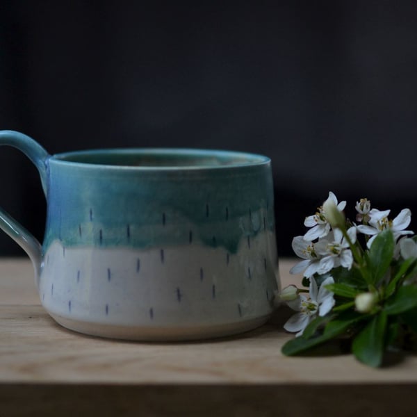 Solstice handmade ceramic cup - Glazed in white and turquoise