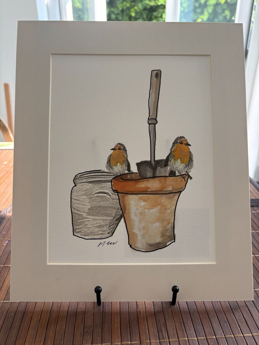 Robins on Pots 12 x 10 inch Mounted Fine Art Print 