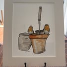 Robins on Pots 12 x 10 inch Mounted Fine Art Print 