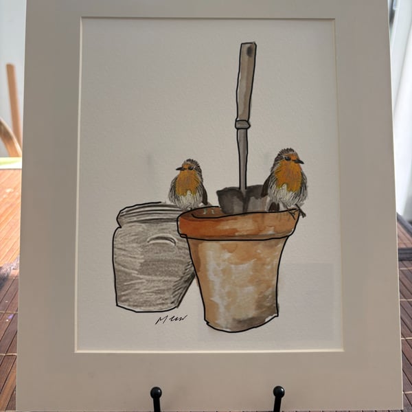 Robins on Pots 12 x 10 inch Mounted Fine Art Print 