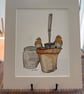 Robins on Pots 12 x 10 inch Mounted Fine Art Print 
