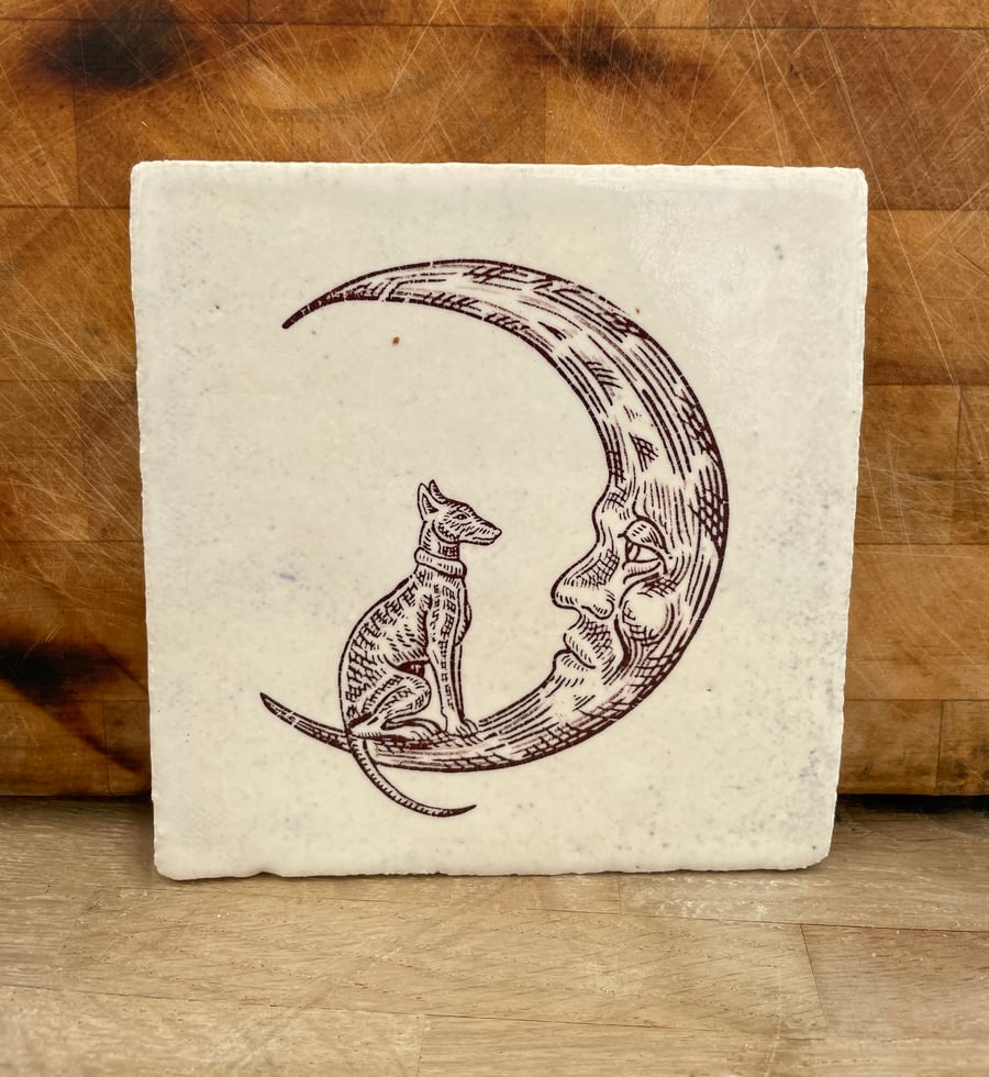 Handmade stoneware tile with whippet in the moon image