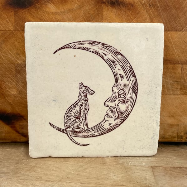 Handmade stoneware tile with whippet in the moon image