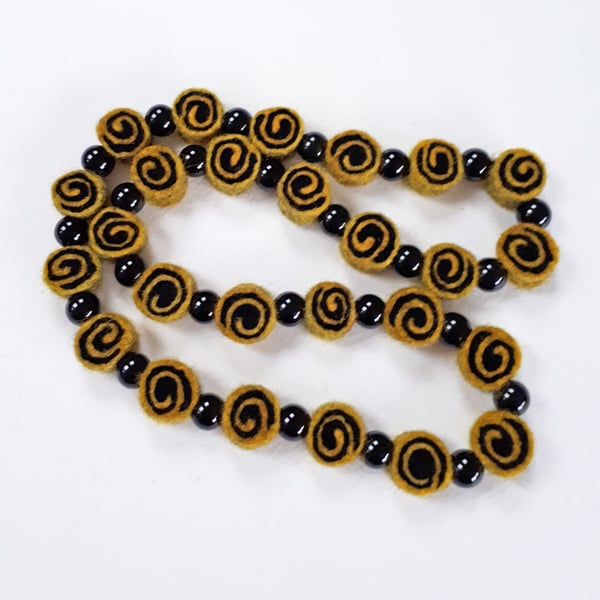 Yellow and Black Felt Necklace with Black Beads