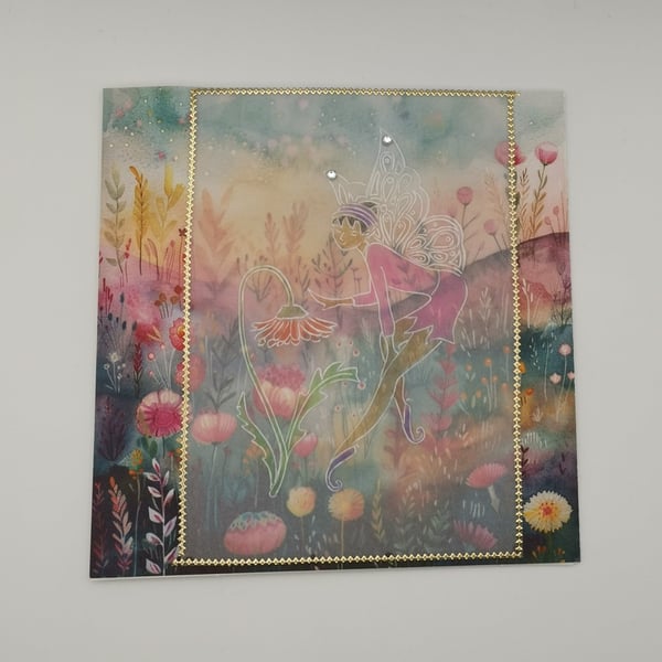 Hand Embossed Fairy Occasion Card - Blank Card - Fairy In A Field of Flowers