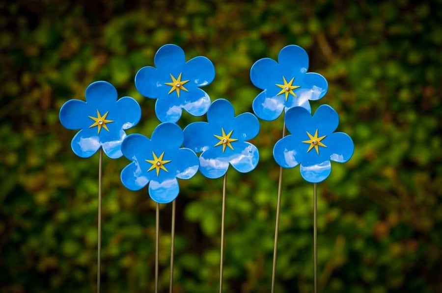 Blue Forget Me Not Metal Flower, Garden Decoration, Memorial Garden Gift